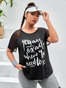 SHEIN Street Sport Plus Slogan Graphic Contrast Mesh Raglan Sleeve Sports Tee - Black - View 1