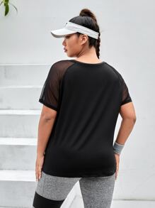 SHEIN Street Sport Plus Slogan Graphic Contrast Mesh Raglan Sleeve Sports Tee - Black - View 2