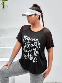 SHEIN Street Sport Plus Slogan Graphic Contrast Mesh Raglan Sleeve Sports Tee - Black - View 3