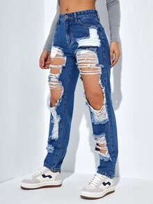 High Waist Cut Out Ripped Frayed Straight Leg Jeans - Dark Wash - View 6