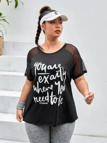SHEIN Street Sport Plus Slogan Graphic Contrast Mesh Raglan Sleeve Sports Tee - Black - View 4