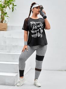 SHEIN Street Sport Plus Slogan Graphic Contrast Mesh Raglan Sleeve Sports Tee - Black - View 5