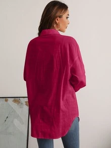 SHEIN Essnce Pocket Patched Button Front Drop Shoulder Shirt - Hot Pink - View 2