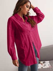 SHEIN Essnce Pocket Patched Button Front Drop Shoulder Shirt - Hot Pink - View 3
