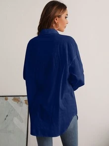 SHEIN Essnce Pocket Patched Button Front Drop Shoulder Shirt - Royal Blue - View 2
