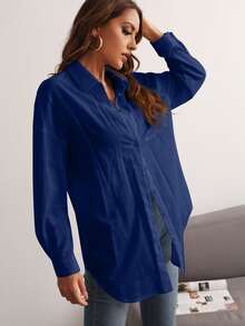 SHEIN Essnce Pocket Patched Button Front Drop Shoulder Shirt - Royal Blue - View 3