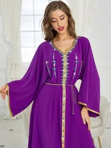 Al Najma Rhinestone Embroidered Trim Slit Hem Belted Kaftan - Red Violet - View 7