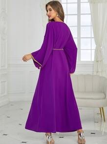 Al Najma Rhinestone Embroidered Trim Slit Hem Belted Kaftan - Red Violet - View 2