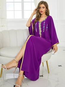 Al Najma Rhinestone Embroidered Trim Slit Hem Belted Kaftan - Red Violet - View 8
