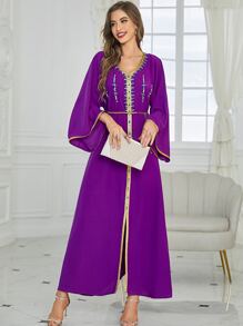 Al Najma Rhinestone Embroidered Trim Slit Hem Belted Kaftan - Red Violet - View 9