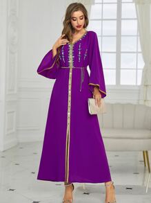 Al Najma Rhinestone Embroidered Trim Slit Hem Belted Kaftan - Red Violet - View 3