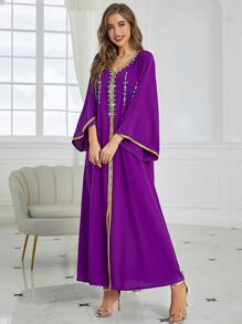 Al Najma Rhinestone Embroidered Trim Slit Hem Belted Kaftan - Red Violet - View 5