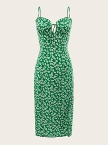 Soleia Ditsy Floral Split Thigh Cami Dress - Green - View 1