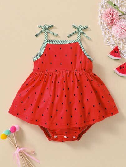 Baby Girl Water-Drop Print Tie Shoulder Combo Bodysuit Dress