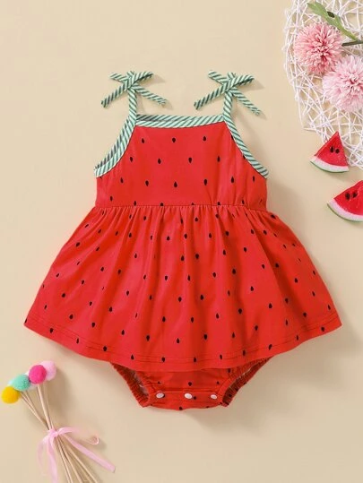 SHEIN Baby Girl Water-Drop Print Tie Shoulder Combo Bodysuit Dress