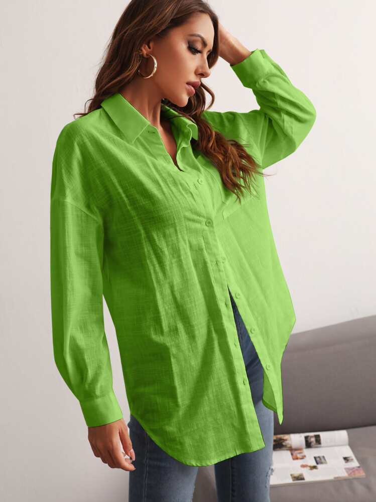 SHEIN Essnce Blusa con parche de bolsillo con botón delantero de hombros caídos - Verde - Añade 3