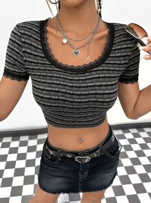SHEIN ICON Camiseta corta de rayas ribete con encaje - Gris Oscuro - Ver 1