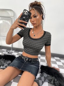 SHEIN ICON Camiseta corta de rayas ribete con encaje - Gris Oscuro - Ver 5