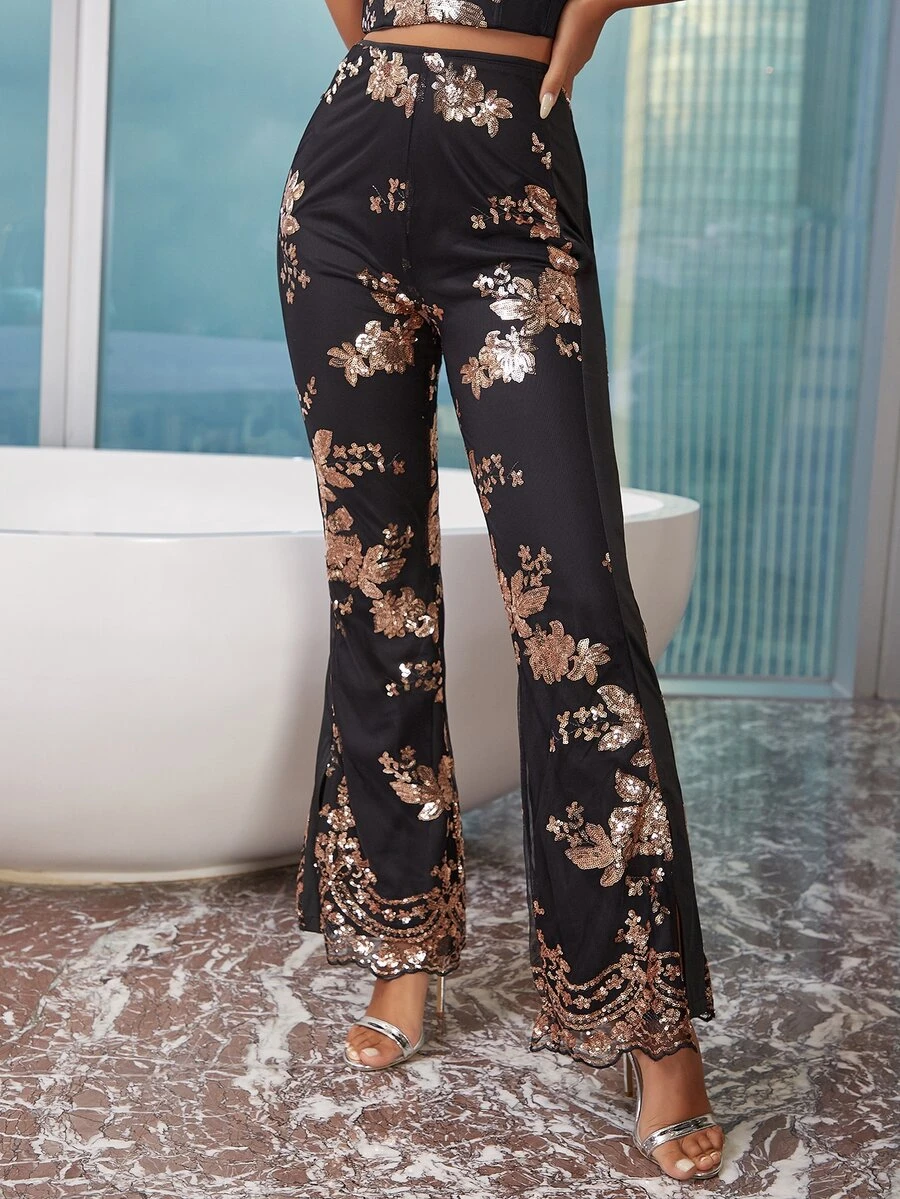 D&M Contrast Sequin Split Hem Flare Leg Trousers - Multicolor - View 1