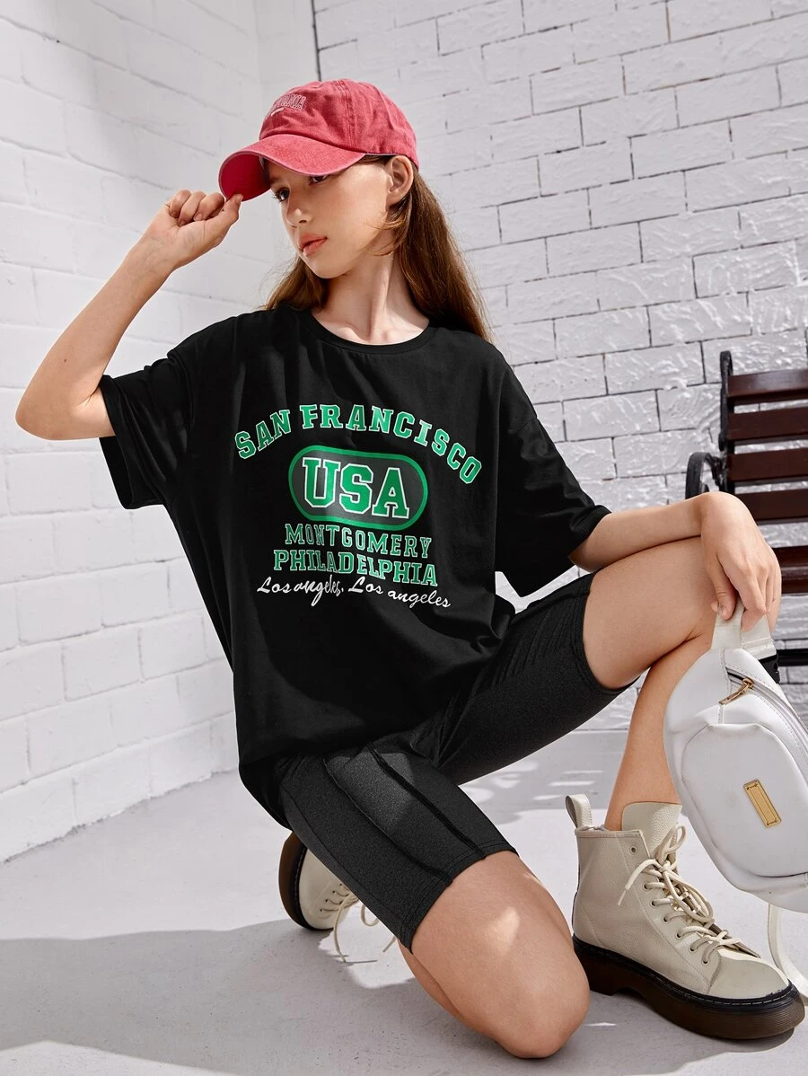 SHEIN Teen Girls Letter Graphic Drop Shoulder Tee - Black - View 1