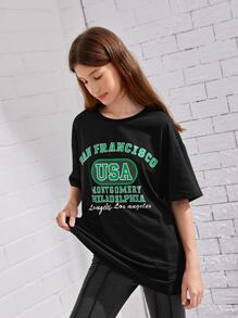 SHEIN Teen Girls Letter Graphic Drop Shoulder Tee - Black - View 4