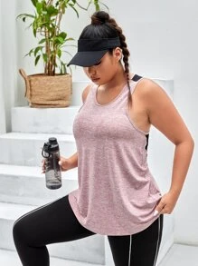Easithlete Plus Mesh Insert Cut Out Contrast Binding Sports Tank Top - Dusty Pink - View 2