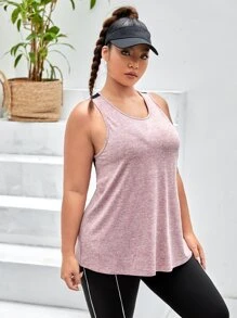 Easithlete Plus Mesh Insert Cut Out Contrast Binding Sports Tank Top - Dusty Pink - View 4