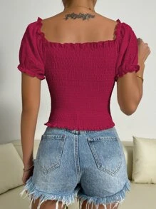 Chiquease Eyelet Embroidery Puff Sleeve Shirred Blouse - Hot Pink - View 2