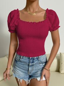 Chiquease Eyelet Embroidery Puff Sleeve Shirred Blouse - Hot Pink - View 5