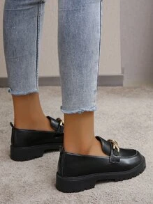 Fall/Winter Women Chain Decor Classic Chunky Heeled Loafer Pumps - Black - View 2