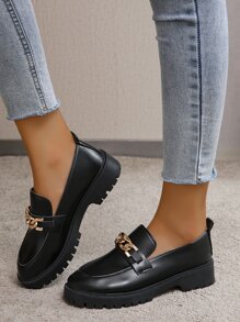 Fall/Winter Women Chain Decor Classic Chunky Heeled Loafer Pumps - Black - View 4