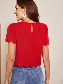 SHEIN Clasi Puff Sleeve Scallop Trim Keyhole Back Blouse,Short Sleeve Tops - Red - View 2