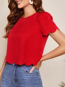 SHEIN Clasi Puff Sleeve Scallop Trim Keyhole Back Blouse,Short Sleeve Tops - Red - View 4