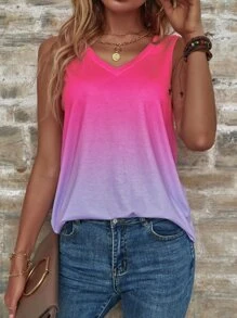 SHEIN LUNE Ombre V Neck Tank Top - Multicolor - View 5