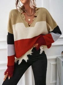 SHEIN Unity Color Block Drop Shoulder Distressed Sweater - Multicolor - View 1