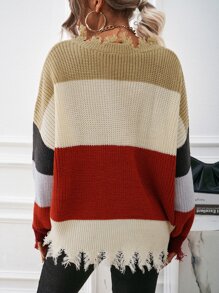 SHEIN Unity Color Block Drop Shoulder Distressed Sweater - Multicolor - View 2