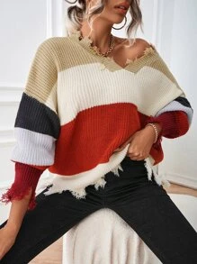 SHEIN Unity Color Block Drop Shoulder Distressed Sweater - Multicolor - View 4