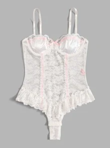 ROMWE Kawaii Floral Lace Ruffle Hem Bow Decor Teddy Bodysuit - White - View 5