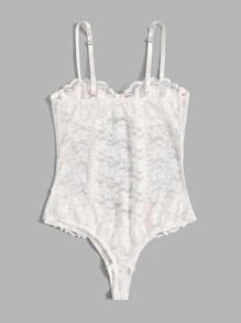 ROMWE Kawaii Floral Lace Ruffle Hem Bow Decor Teddy Bodysuit - White - View 2