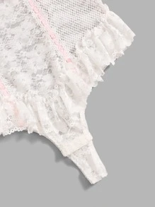 ROMWE Kawaii Floral Lace Ruffle Hem Bow Decor Teddy Bodysuit - White - View 4