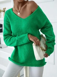 Ribbed Knit Drop Shoulder Jumper - Green - View 5