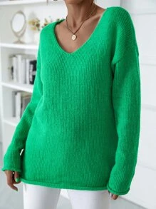 Ribbed Knit Drop Shoulder Jumper - Green - View 6