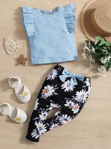 SHEIN Top De Mangas Con Volantes Para Bebé Niña Y Pantalones Con Estampado Floral Y Lazo En La Parte Delantera - Multicolor - Ver 1