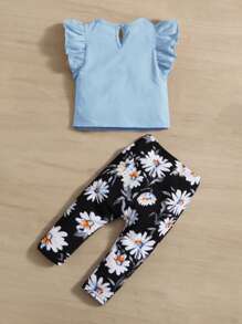 SHEIN Top De Mangas Con Volantes Para Bebé Niña Y Pantalones Con Estampado Floral Y Lazo En La Parte Delantera - Multicolor - Ver 2