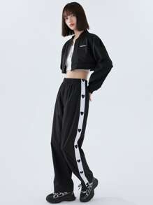 DAZY Heart Print Contrast Side Seam Trousers - Black - View 3