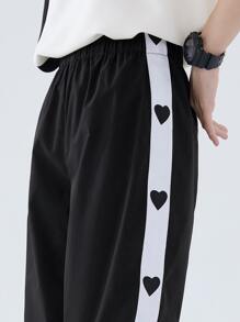 DAZY Heart Print Contrast Side Seam Trousers - Black - View 6