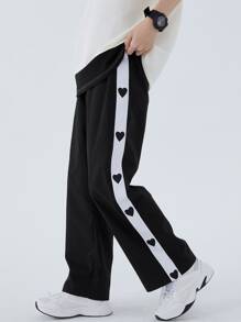 DAZY Heart Print Contrast Side Seam Trousers - Black - View 8