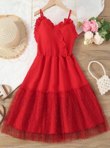 SHEIN Girls Frill Trim Surplice Contrast Mesh Hem Cami Dress - Red - View 1