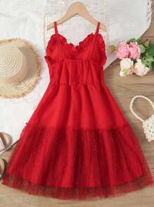 SHEIN Girls Frill Trim Surplice Contrast Mesh Hem Cami Dress - Red - View 2
