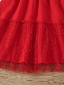 SHEIN Girls Frill Trim Surplice Contrast Mesh Hem Cami Dress - Red - View 4